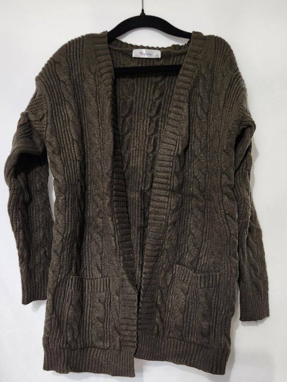 Girls Olive Green Cable Knit Cardigan Size 7/8 (130) Open Front Sweater
